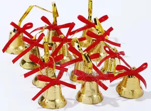 12pcs Shiny Gold Plastic Decorative Bells with Red Ribbon