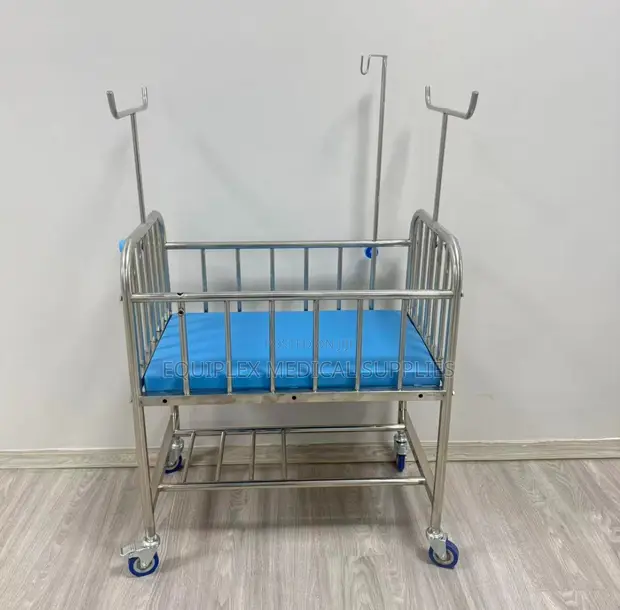 Hospital Baby Cot with Wheels (Stainless Steel) - 1