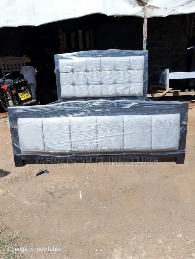 Modern 5x6 Black Wooden Bed Frame with Grey Velvet Panels - 1