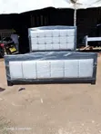 Modern 5x6 Black Wooden Bed Frame with Grey Velvet Panels - 1