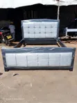 Modern 5x6 Black Wooden Bed Frame with Grey Velvet Panels - 2