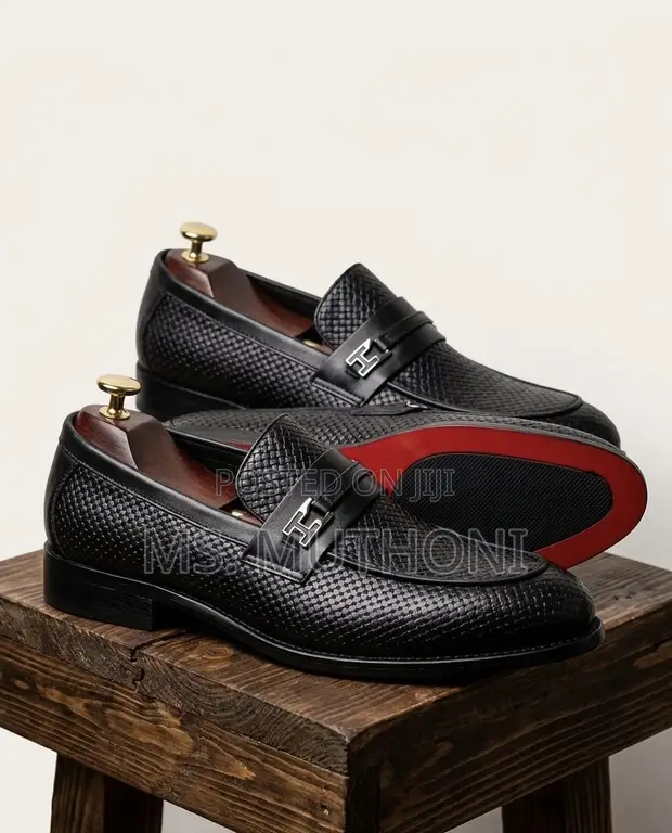 Red Bottom Textured Slip-on Leather Moccasins - 1