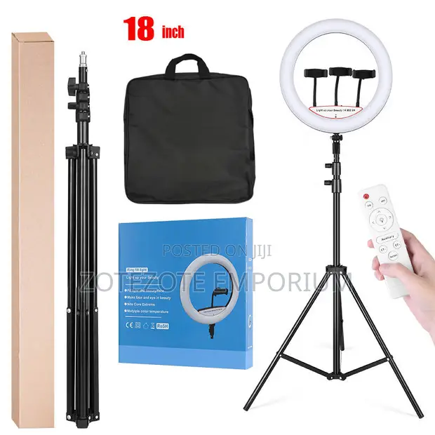 Ring Light ya Inchi 18 na Vituo 3 vya Simu, Stand na Remote - 1