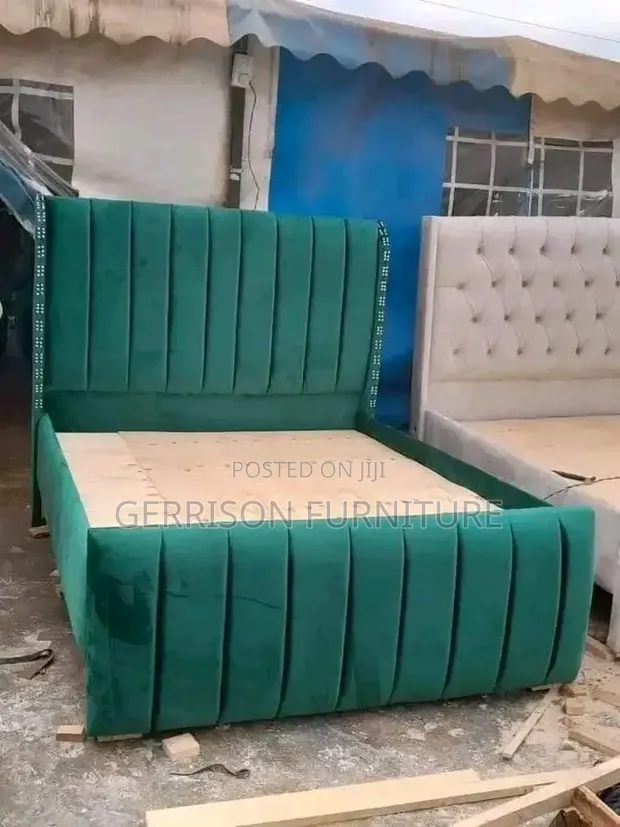 Modern 5x6 Green Velvet Wingback Bed Frame - 1