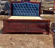 Luxury 5x6 Mahogany Bed Frame with Dark Blue Tufted Velvet - 1