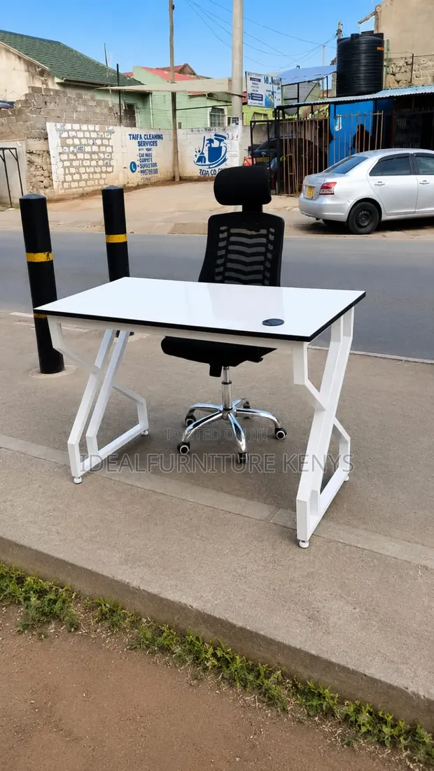 Study Table and Chair Set - White Metal Frame Desk - 1