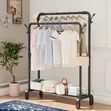 Double Pole Clothing Rack with Wheels & Shelf - 3