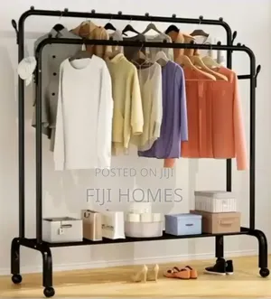 Double Pole Clothing Rack na Magurudumu & Rafu