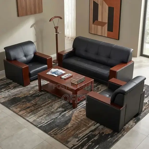 Large Black Leather Waiting Room Sofa - 1