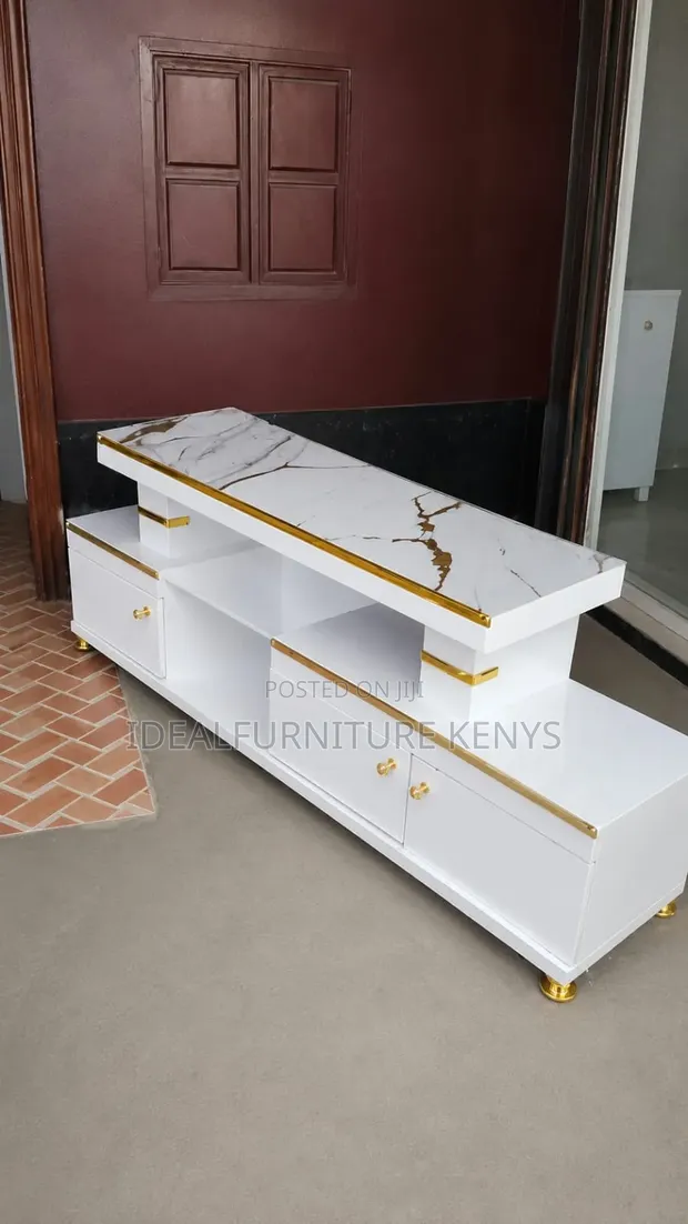 Modern White & Gold Marble TV Stand with Storage - 1