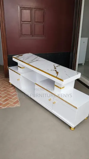 Modern White & Gold Marble TV Stand with Storage