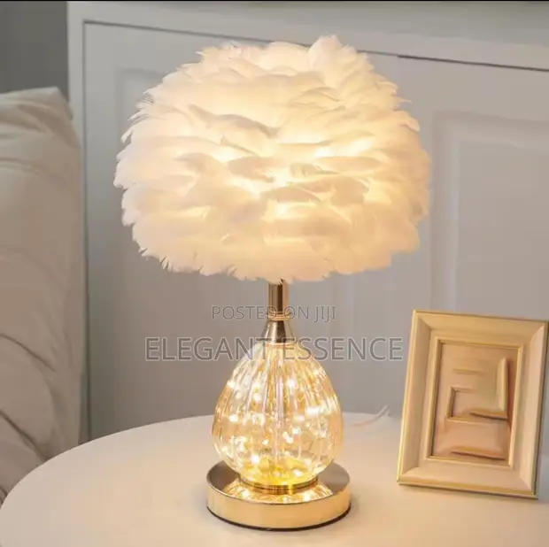 Crystal Feather Table Lamp with White Feathers - 1