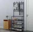 Metallic Shoe Rack with Coat & Hat Hangers - 1