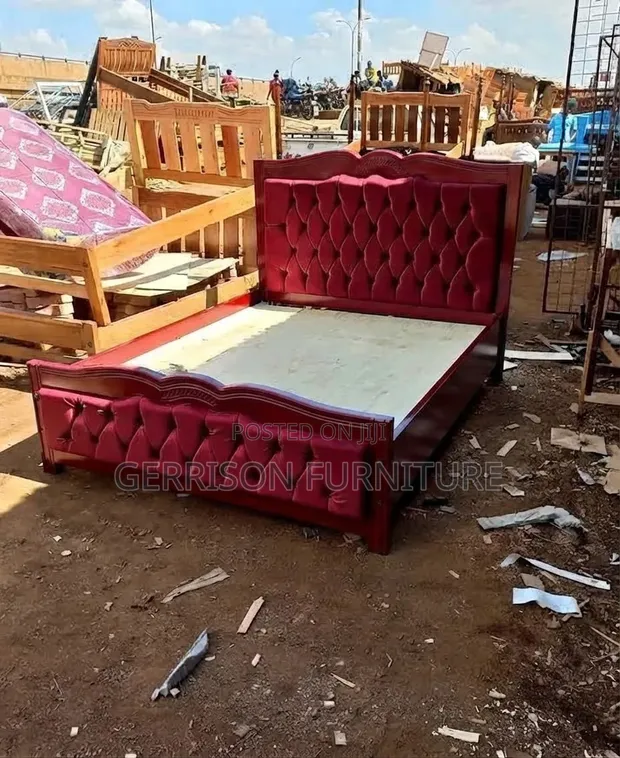 Luxury 5x6 Mahogany Bed Frame with Maroon Tufted Velvet - 1