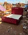 Luxury 5x6 Mahogany Bed Frame with Maroon Tufted Velvet - 1