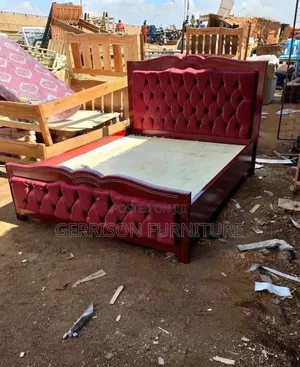 Luxury 5x6 Mahogany Bed Frame with Maroon Tufted Velvet