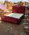 Luxury 5x6 Mahogany Bed Frame with Maroon Tufted Velvet - 2