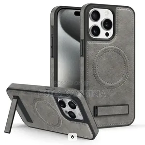 Kifuniko cha Nyuma cha Ngozi chenye Stand kwa iPhone 16 Pro Max (Kijivu)