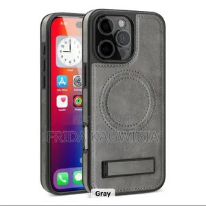 Kifuniko cha Nyuma cha Ngozi chenye Stand kwa iPhone 16 Pro Max (Kijivu)