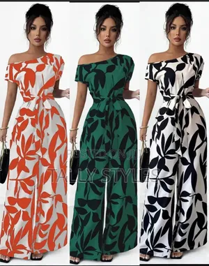 Blue Leaf One-Shoulder Palazzo Jumpsuit yenye Belt
