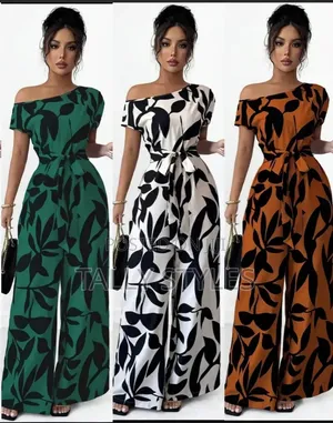 Blue Leaf One-Shoulder Palazzo Jumpsuit yenye Belt