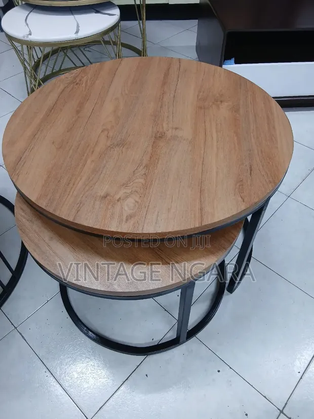 Round Wooden Top Coffee Table with Metal Frame - 1