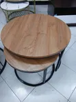 Round Wooden Top Coffee Table with Metal Frame - 1