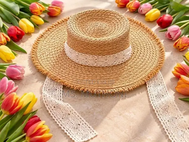 Straw Boater Hat with Lace Tie Straps - 1