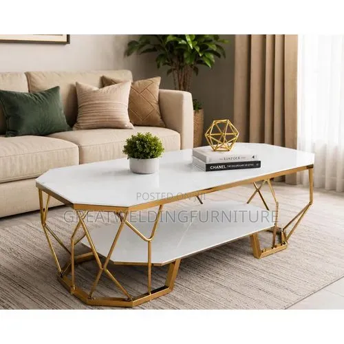 Modern Geometric Gold Coffee Table with Glass Top - 1
