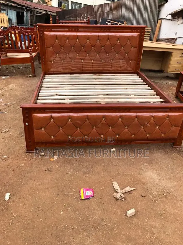 5x6 Brown Fabric Wooden Bed Frame - 1