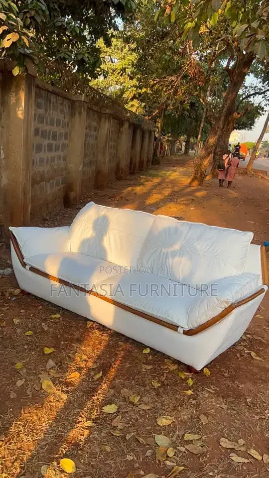3-Seater White Sofa with Wood Trim - 1
