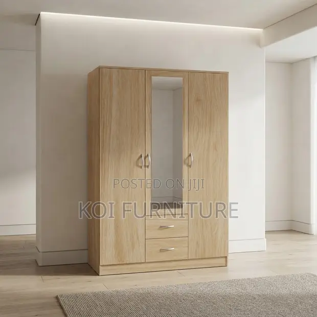 3-Door Wooden Wardrobe with Mirror Doors - 1