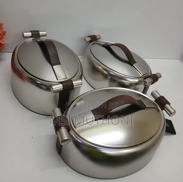 Set ya Vipande 3 vya Vyombo vya Kuweka Chakula Joto vya Fedha na Vishikizo vya Brown Faux-Leather - 1