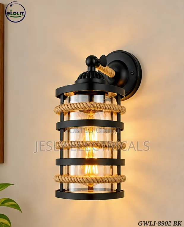 Industrial Cage Wall Sconce yenye Kamba ya Hemp - 1