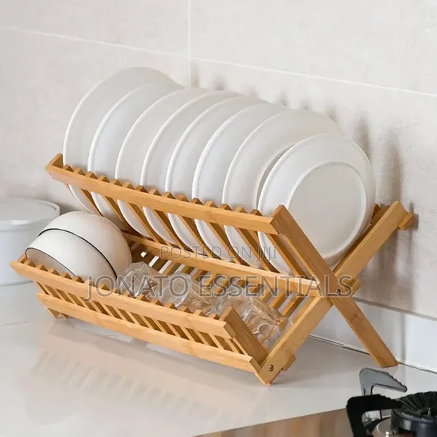 2-Tier Folding Wooden Dish Rack Organizer - 1