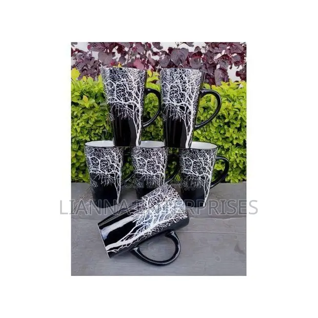 Set of 6 Black Tree Design Mugs - 1