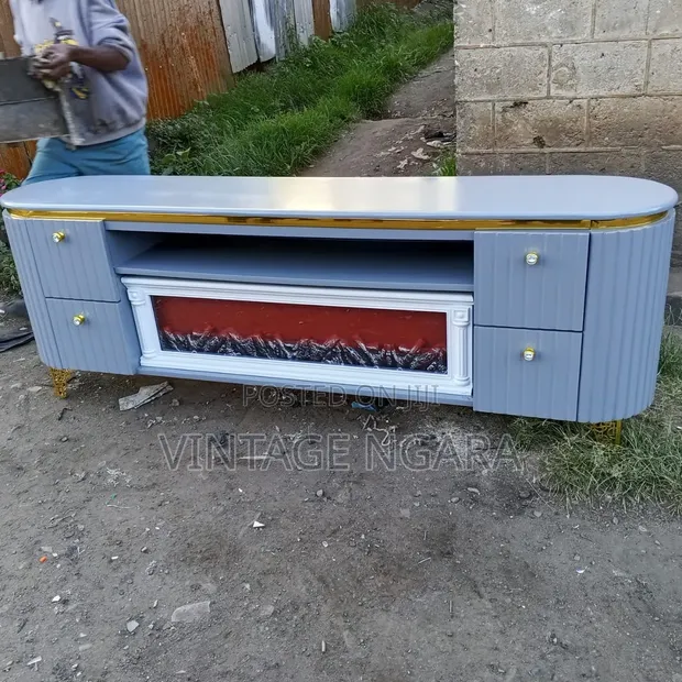Luxury Electric Fireplace TV Stand - Blue & Gold - 1