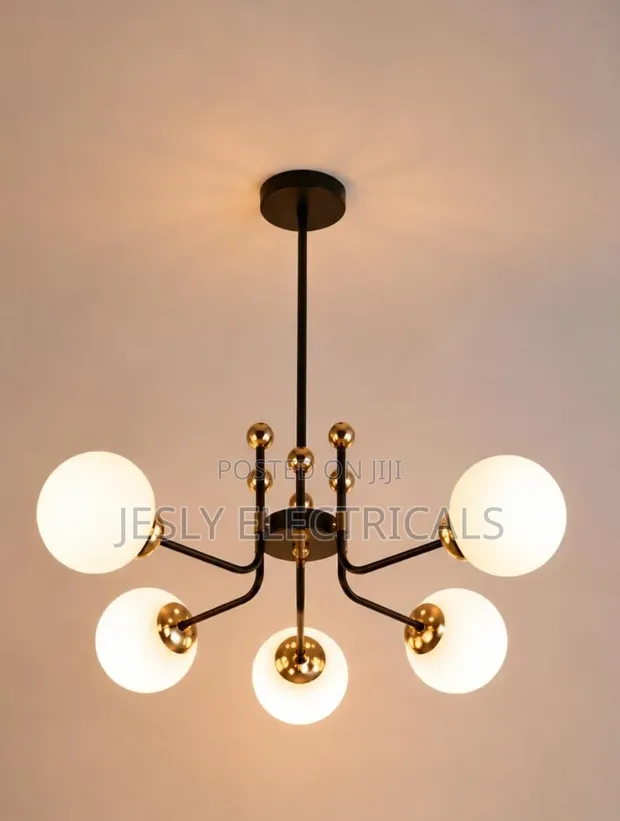 Modern Chandelier with 5 Frosted Glass Shades - 1
