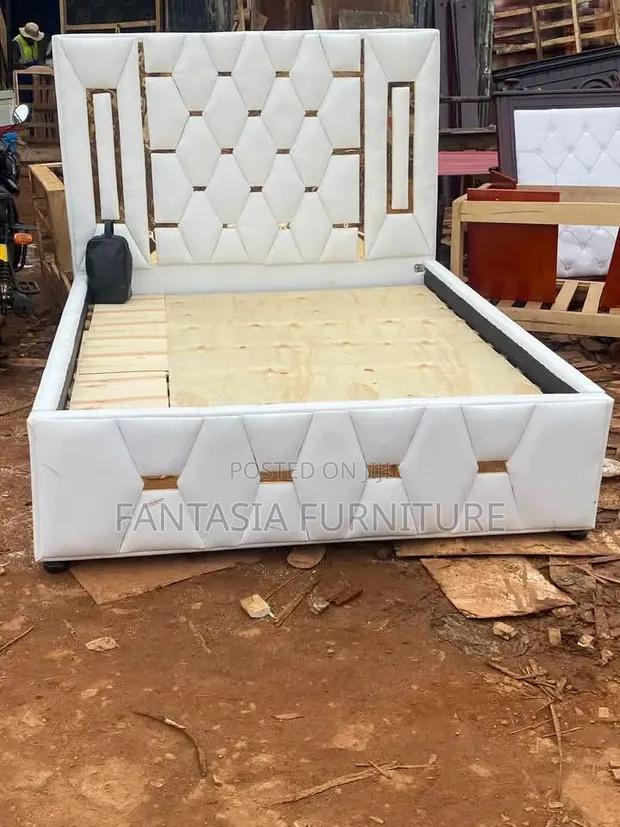 5x6 White Leatherette Bed Frame with Gold Accents - 1