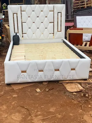 5x6 White Leatherette Bed Frame with Gold Accents