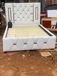5x6 White Leatherette Bed Frame with Gold Accents - 1