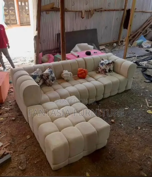 5 Seater Sectional Cream Bubble Sofa - 1