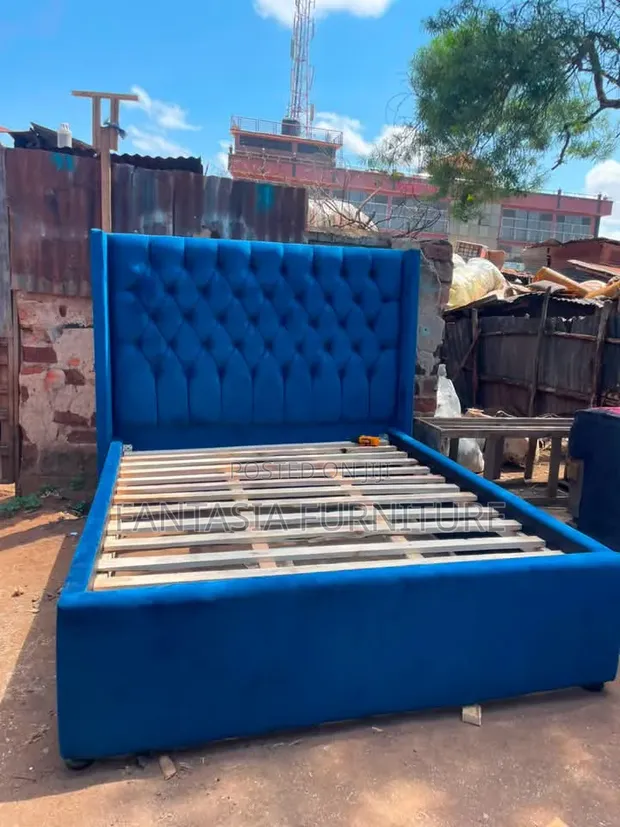 5x6 Blue Velvet Wingback Bed - 1