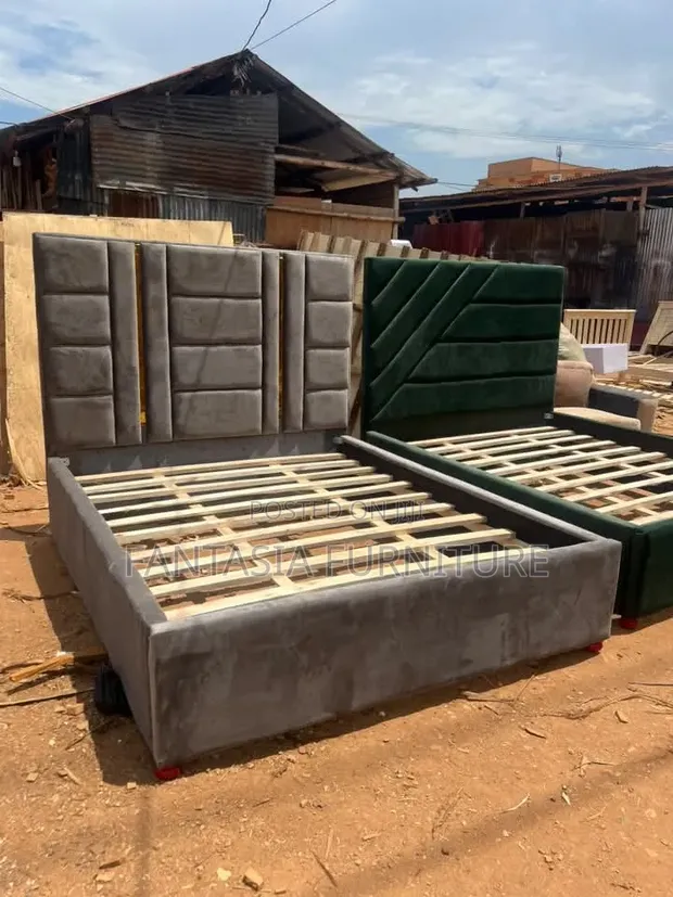 5x6 Grey Velvet Fabric Bed with Panel Headboard - 1