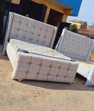 5x6 Cream Fabric Bed with Grid Tufted Wingback Headboard