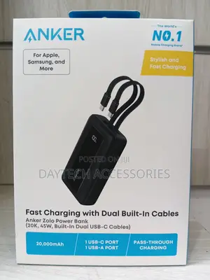 Anker Zolo Power Bank 20,000mAh 45W Dual USB-C Cables - Nyeusi