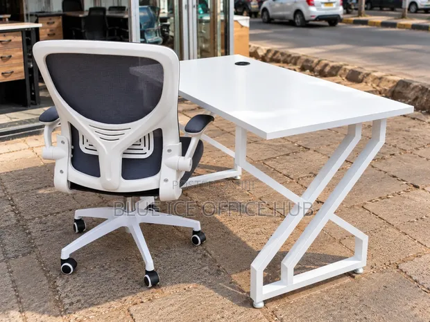Modern White Office Desk with X-Leg Frame - 1