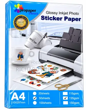 Karatasi ya Stika za Inkjet Zenye Glossy A4 (135gsm, 50 Shuka)
