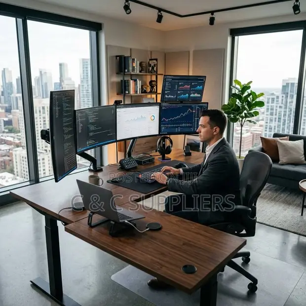 Curved Brown Height Adjustable Desk - 1.4m - 1