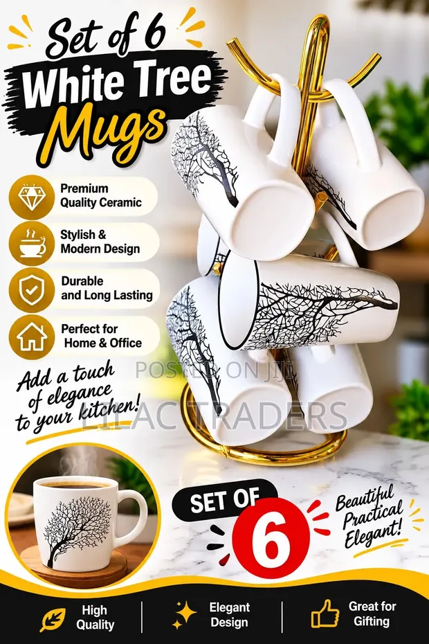 Set of 6 White Tree Mugs - 1
